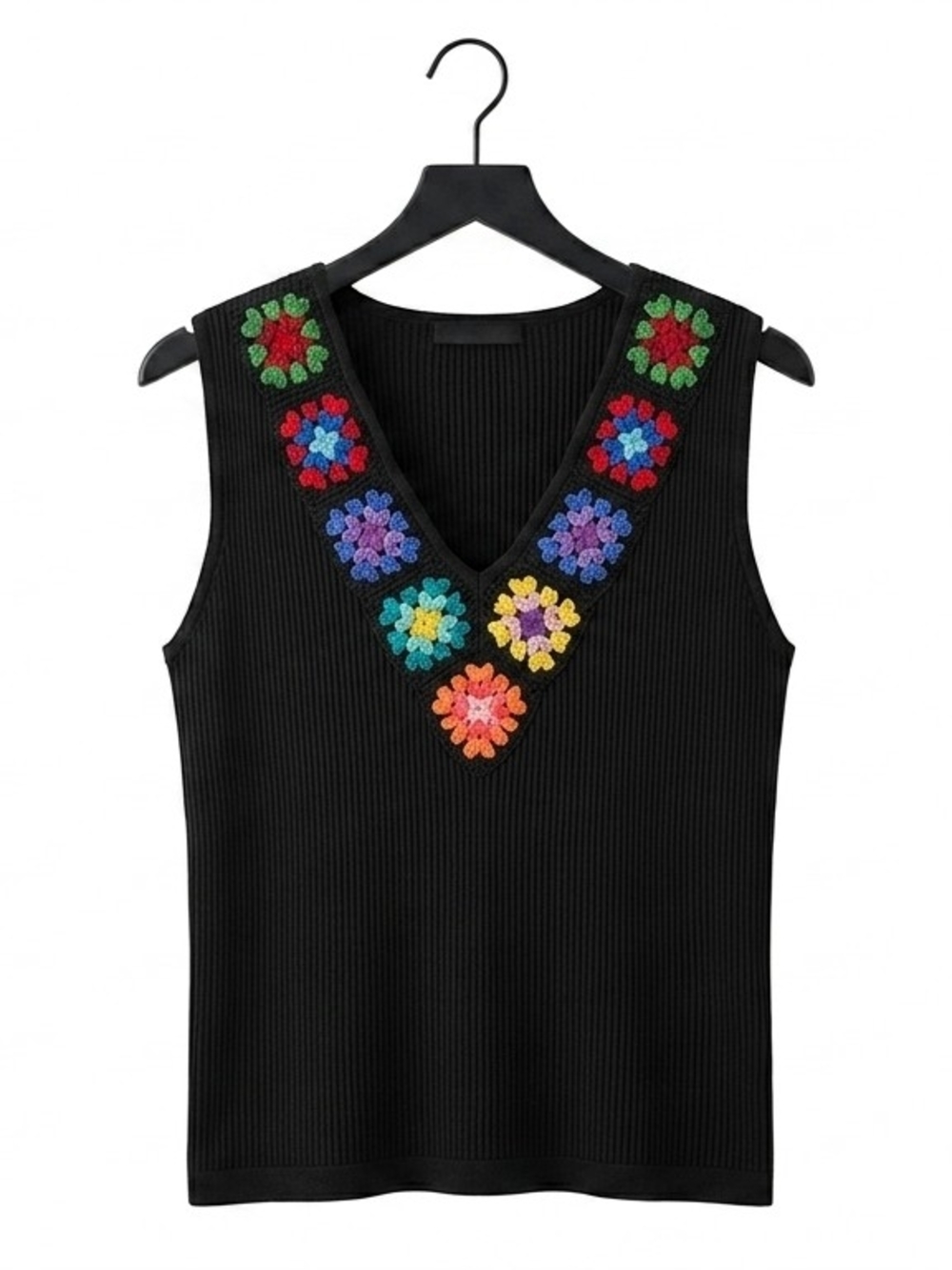Black Ribbed V-Neck Tank with Colorful Crochet Floral Trim
